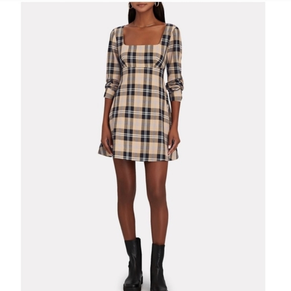 STAUD Dresses & Skirts - Staud Beth Plaid Long Sleeve Mini Dress Camel Black NWT